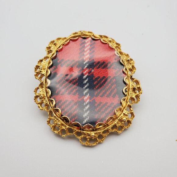 Vintage 2 in 1 Oval Tartan Plaid Gold Bezelled Pin Brooch & Pendant Ornate Bezel - Picture 2 of 6